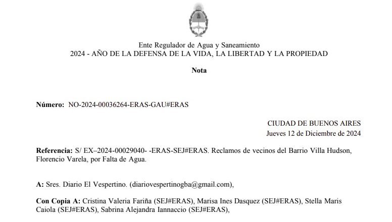 Casi tres meses después, el ERAS responde por los reclamos de falta de agua en Florencio Varela